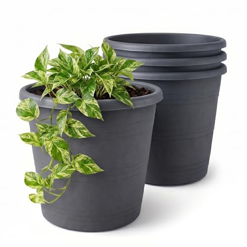 Lizzy 4 Pack Plastic Plant Pots 24cm | Round Flower Pots with Traditional Design Indoor Outdoor Plant Pots Heavy Duty Garden Planters for Plants Flowers Herbs Stylish Grey Pots