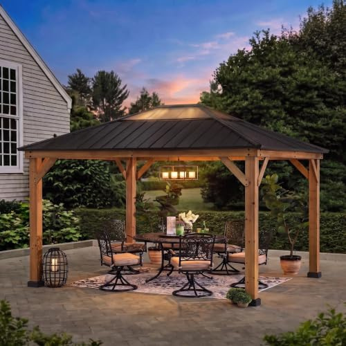 SUNJOY 3,3x3,9 m Holzpavillon mit lichtdurchlässigem Dachfenster, Pavillon Holz wasserdicht stabil Winterfest, Hardtop Stahldach, 14 cm Pfosten, Gartenpavillon für Terrasse & Deck