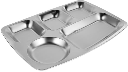 MOBUTOFU Plateau Réutilisable et Facile à Nettoyer Repas en Acier Inoxydable 5 Compartiments Assiette Compartimentée Argentée pour Camping et Écoles