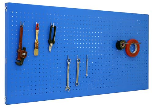 SimonRack Werkzeugwand, 8 teiliges Hakenset, 90x60x3,5 cm, Metall-Lochwand, Halterungen, Montagematerial, Blau - Simonwork