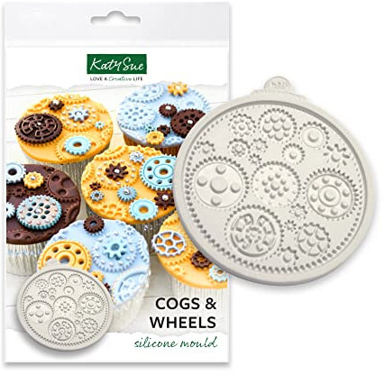 Katy Sue Cogs & Wheels Silicone Mould for Cake Decorating & Craft. Make 17 Cog, Wheel or Gear Shapes in Fondant, Air Dry Clay, Sugar Paste, Modelling Chocolate. Mould Diameter 100 Millimetres / 4 Inch