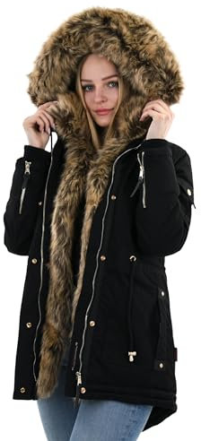 Navahoo warme Damen Winter Jacke Parka lang Mantel Winterjacke Fell Kragen B380 [B380-Daria-Schwarz-Gr.S]