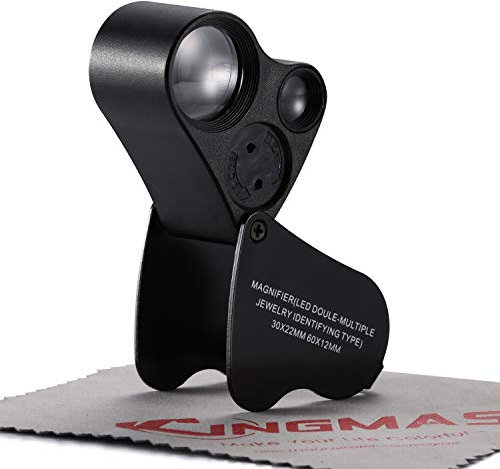 KINGMAS Beleuchtete Schmucklupe mit 2 Linsen, 30-Fach 22 mm, 60-Fach 12 mm, Juwelierlupe mit LED-Beleuchtung, Schwarz