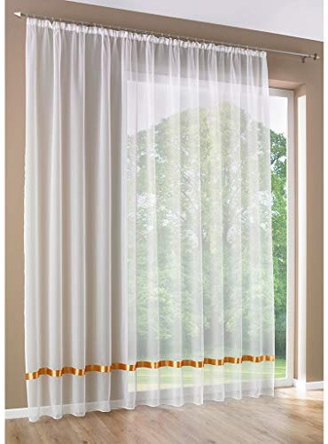 SIMPVALE 1 Stück Weiß Gardinen - Schiebevorhang mit Schienenhaken - Klassische Massive Voile Vorhänge - für Balkon, Wohnzimmer, Schlafzimmer - 450x170 cm - Orangen Band