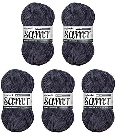 myboshi Samt Wolle zum Häkeln und Stricken, weiche Chenille Wolle im XXL-Knäuel, perfekt für Amigurumi und Kissen, 100% flauschige Polyester, 100g, Ll 100m Grau (Maus) 5 Knäuel