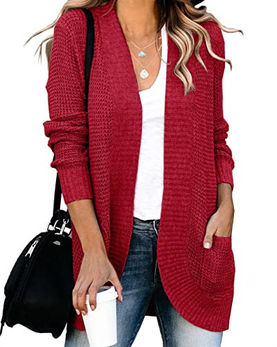 Saodimallsu Damen Oversized Strickjacke Open Front Langarm Lässige Leichte Weiche Cardigan Mantel Mit Taschen Weinrot M