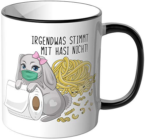 JUNIWORDS Tasse, Irgendwas stimmt mit Hasi nicht, Hamsterkäufe, Wähle Farbe, Schwarz