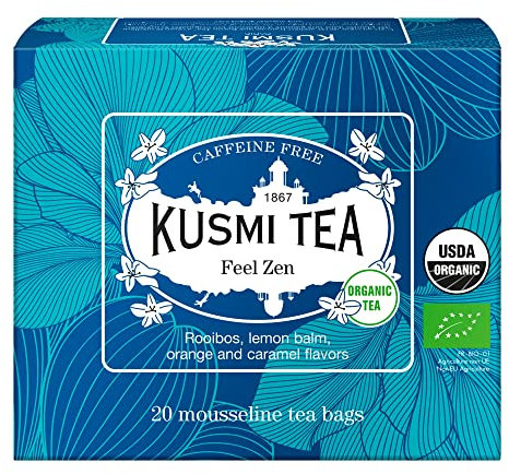 Kusmi Tea - Infusion Bio Feel Zen - Mélange de Plantes et Pomme, Saveur Orange-Caramel - Infusion Rooibos Bio sans Théine - Boîte de 20 sachets mousseline