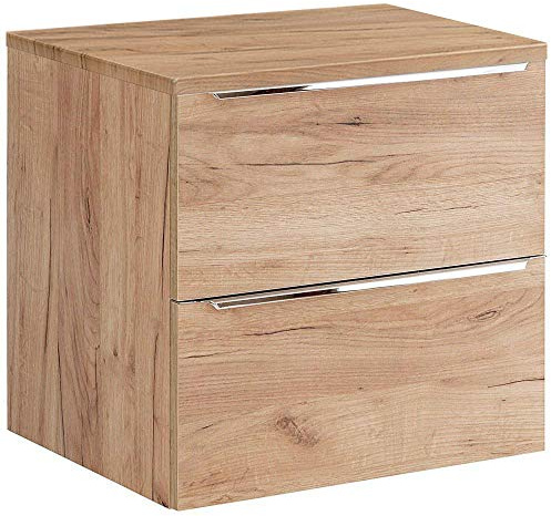 Lomadox Badmöbel Waschtisch Unterschrank Set 61cm, Eiche Dekor, MDF-Fronten, verchromte Metall-Griffleisten, 2 Softclose-Auszüge, B/H/T ca. 61/59,5/46 cm