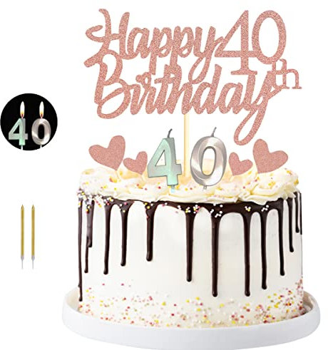 Sumerk Happy 40th Birthday Cake Topper with Number 40 Birthday Candles Heart Cupcake Toppers Cake Decorations Set for 40th Birthday Anniversary - Pack of 17