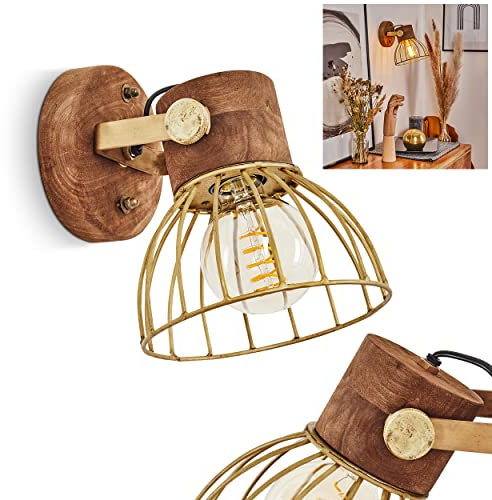 Wandleuchte Grunnfjord, Wandlampe im Vintage Design aus Holz/Metall in Natur/Godlfarben m. Lichteffekt, Schirm in Gitter-Optik, Leuchte m. Holzbalken u. verstellbarem Strahler, E27, ohne Leuchtmittel