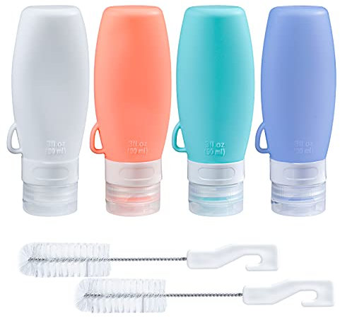 webake Salatdressing Flasche Silikon 4 Stück 90 ml Tragbar Salatdressing Shaker Behälter Quetschflasche mit 2 Reinigungsbürsten für Salat, Sauce