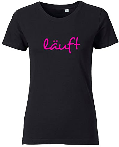 Roughtex Damen T-Shirt mit Spruch „läuft“ – Bio Baumwolle – Rundhals – minimalistisches Design mit Print in Gold/Weiß/Neonpink – nachhaltig & fair produziert Schwarz Neonpink M