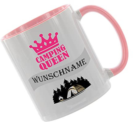 Crealuxe Kaffeetasse - Camping - Queen (Wunschname) -Spruchtasse, Bürotasse, bedruckte Keramiktasse, Tasse mit Spruch, Hochwertige Kaffeetasse (Rosa)