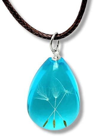 Damen Halskette echte Pusteblume Gießharz mit Lederbandkette Echter Löwenzahn Anhänger mit blauem Hintergrund