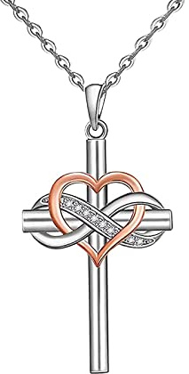 Cross Infinity Pendant Necklace Crystal Heart Leaf Crucifix Necklace Religious Christian Lucky 8 Jewelry for Women Girls Teens (Silver B)