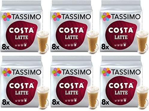 Tassimo Costa Latte Coffee Pods 16 discs, 8 servings (Pack of 6, Total 96 discs, 48 Drinks)