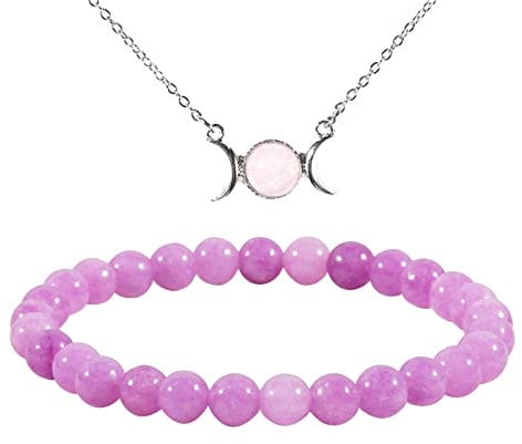 Soulnioi Triple Moon Goddess Pendant Necklace Dainty Choker Chain Necklace Moon Stone Necklace for Women (Rose Quartz), Natural Crystal Stone Round 6-8mm Beaded Bracelet (Light Purple Crystal)