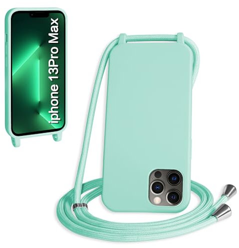 WenBaby Funda con Cuerda para iPhone 13 Pro MAX, Líquida Silicona Carcasa con Cordón Ajustable Collar Correa de Cuello, Cubierta Prueba Golpes con Microfibra Forro (Verde Menta)