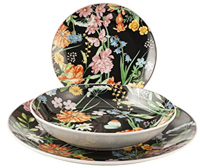 H&H Caroline Servizio Tavola, 18 Pezzi in Porcellana, Nero, Floreale