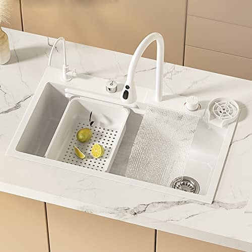 HYXSHOP Fregadero De Cocina De Cascada Blanca Fregadero De Cocina De Un Solo Tazón De Acero Inoxidable Fregadero De Cocina con Grifo Combo Fregadero De Estación De Trabajo De Montaje Superior (Color :