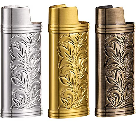 BYNYXI 3 Stück Vintage Feuerzeughüllen für Mini BIC Feuerzeug, Tragbare Feuerzeug Abdeckung Metall Retro Feuerzeugkoffer Abdeckung mit Kette Gravur Wiederverwendbare Feuerzeughülle Regular Feuerzeuge