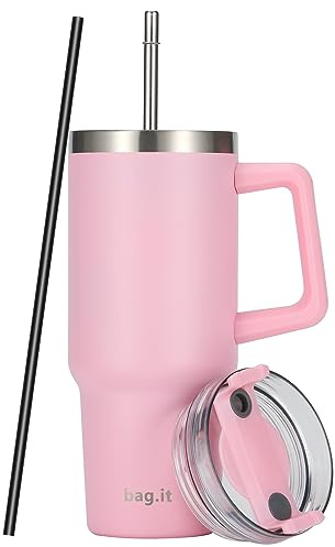 BAG.IT Travel Mug with Straw and Lid, Tumbler with Handle, Stainless Steel Travel Flask with Straws & Lids | Leak Proof Coffee Stanle Cup for Hot or Iced Drink (Pink, 30oz)