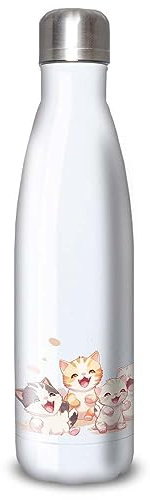 Aluminum Water Bottle - Stainless Steel (24H Thermos) Reusable 330ml to 750ml, Japanese Anime Kittens Theme (Stainless Steel, Flask (Thermo Flask, Round Cap) 500ml