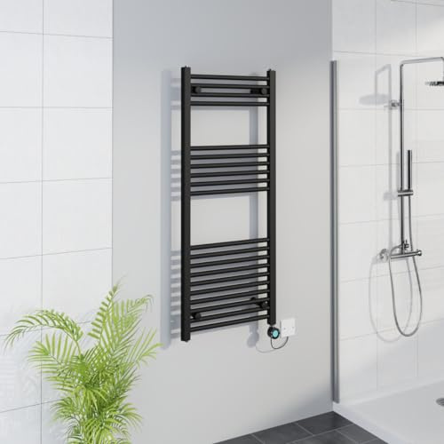 Warmehaus WiFi Electric Bathroom Straight Radiator Timer 1200x500mm Black | Thermostatic, Smart LCD Display, Child Lock, T Piece, Prefilled, Electric Heated Towel Rail Warmer, Energy Efficient
