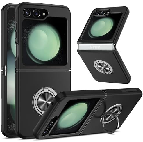 LeYi Hülle für Samsung Galaxy Z Flip5 Handyhülle, TPU+PC Militärschutz Hybrid Z Flip 5 Schutzhülle mit 360° Metall Ring Halter Ständer Stoßfest Case Cover Schwarz