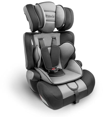 Kidoola Adjustable Car Seat for Toddlers & Children - Safety Certified Booster Seat, Padded & Comfortable with 3 Adjustable Age Functions & Straps, Up to 12 Years - ECE R44/04 (Grey & Black)