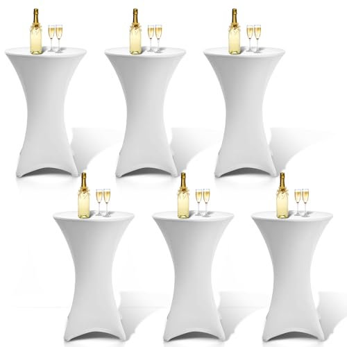 Jopassy 6er-Set Stehtischhusse Stretch Ø70-75 cm Elegante,Verstärkung im Fußbereich, 40°C Maschinenwäsche, Stretch-Husse Weiß Hussen für Stehtische Tischhusse Bistrotisch