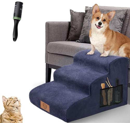 MASTERTOP Escaliers pour Chiens à 3 Marches en Éponge Haute Densité, Échelle Large pour Animaux de Compagnie, Escaliers Chien Antidérapant avec Housse Amovible pour Monter Canapé et Lit (Bleu)
