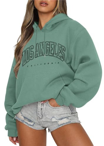 Tomwell Oversized Hoodie Damen Los Angeles Pullover Winter Kapuzenpullover Langarm Sweatshirt Casual Hoody mit Kapuze A Grün M