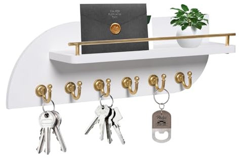 Karisky Porte-clés pour mur, organiseur de clés et de courrier décoratif avec 6 crochets en métal robustes et étagère flottante, porte-clés mural en bois de 35,6 cm pour entrée, blanc et doré