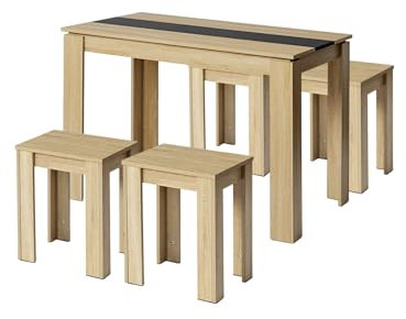 FURNITABLE Esszimmer Tisch- und 4 Hocker Set 5-teilig Essgruppe Esszimmergruppe Sitzgruppe Küchentisch mit 4 Stühlen platzsparend Eiche+Schwarz 110x70cm