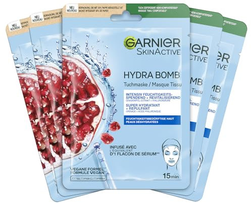 Garnier SkinActive Hydra Bomb Maschera per panno, idratante intensamente e rivitalizzante, con acido ialuronico ed estratto di melograno, 5 x 28 g