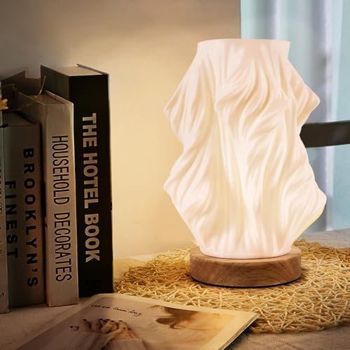 Editbar Nachttischlampe Dimmbar,LED Tischlampe mit 3 Farben,10 Helligkeitsstufen,Knopfsteuerung,3D Gedruckte Lampe mit PLA Lampenschirm und Holzsockel für Nachttisch Schlafzimmer Lesen Wohnzimme