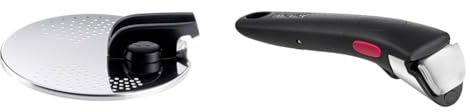 Tefal Ingenio Couvercle égouttoir acier inoxydable, Rangement facile, Multidiamètre & Ingenio Poignée amovible noire, Empilable, Verrouillage sécurité 3 points