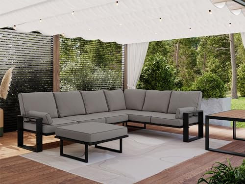 MKS MEBLE Gartenmöbel Metall wetterfest, Outdoor Möbel Sitzgruppe, Gartenmöbel Set 6 Personen, Lounge Ecksofa Outdoor 5 Sitzer, Gartenlounge Set mit Esstisch, Lounge Hocker Garten, Hellgrau- ELBA 4