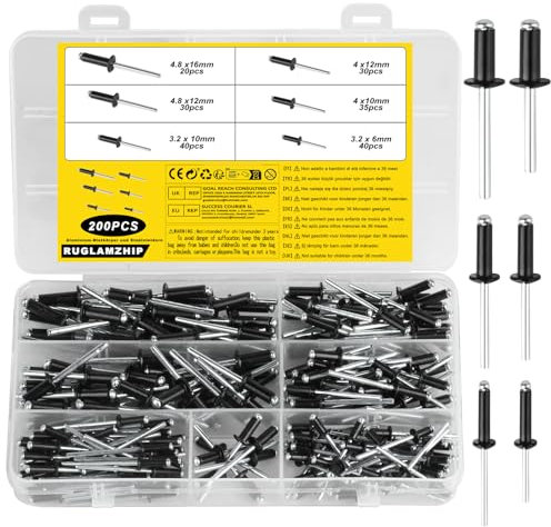 200 Pz Rivetti Ciechi in Alluminio, Rivetti a Strappo in Alluminio, Rivetti Ciechi con Flangia Grande, Rivetto Cieco in Alluminio per Aeroplani, Navi, Binari, Fai Da Te, Nero/Argento, M3.2/M4/M4.8