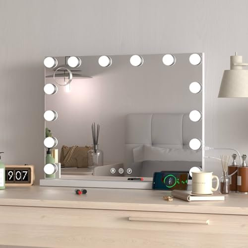 Ereousa Hollywood Spiegel 50x40 cm mit Beleuchtung, Schminkspiegel mit 14 dimmbaren LED-Lichtern und Touchscreen, langlebiger Schminktisch Spiegel für Make-up