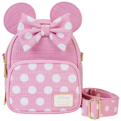 Loungefly Disney Minnie Mouse Pink Straw Convertible Mini Backpack and Crossbody Bag, 2 in 1, Woven Texture