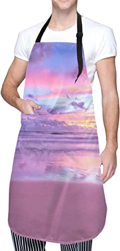 ATOurDealss Delantal de algodón de azúcar con diseño de amanecer en la playa con bolsillos, delantales de cocina para chef, para mujeres y hombres, ver fotos, Talla única