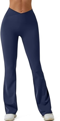 REORIA Damen Yoga Hosen Einfarbige Jogginghose Leggings Schlaghose Mit Kreuzbund und weitem Bein Marineblau S