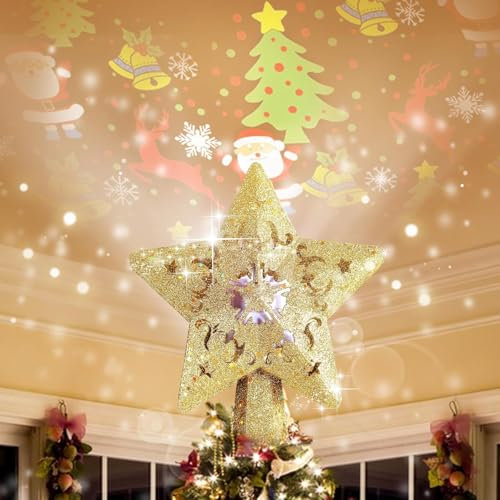 Weihnachtsbaum Topper Dekorationen - 3D Silber Glittered für Weihnachtsdekoration Stern Licht Baum Topper mit LED rotierenden Projektor für Urlaub Baumdekoration(Gold-Santa Claus)