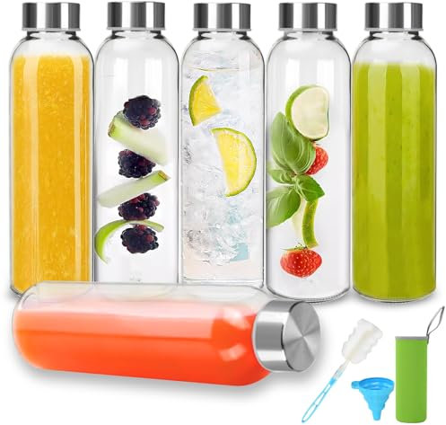 UCAMP Bouteille d'eau en Verre,Bouteille Verre 500ml Réutilisable avec Bouchon,Lot de 6,Gourde Verres Étanche pour Jus,Boissons,Smoothie,Café,Étanche,Transparent