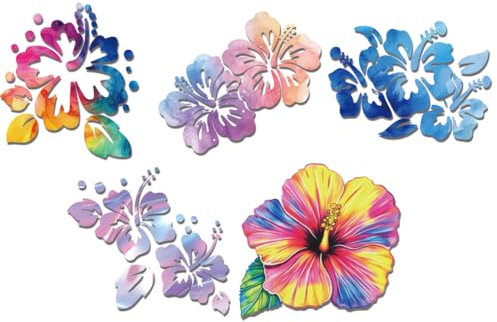 WADORN 5 Stücke Regenbogen Hibiskus Blume Reflektierende Vinyl Auto Aufkleber Aufkleber Mit Hawaii Blumenmotiv Für Autofenster Wasserdicht Für Fenster Autos LKWs Werkzeugkästen Laptops
