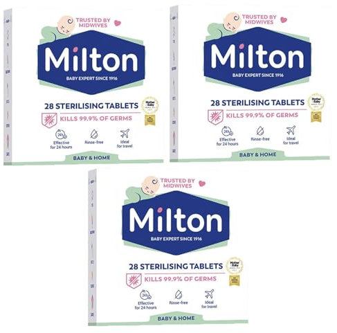 MiltonBaby Sterilising 28 Tablets Pack - Cold Water Sterilisation - Feeding Bottle, Teats, Antibacterial, Antiseptic Cleaner, Household Surface Kitchen Hygiene (3 Packs of 28 Tablets)
