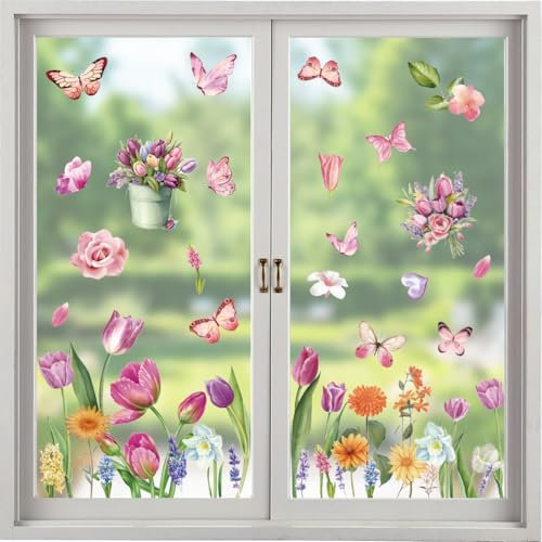 Fensterbilder Frühling, 9 Blatt Fenstersticker Frühling, Fensterbilder Blumen Schmetterlinge, Osterbilder Fenster Selbstklebend, Doppelseitige & Wiederverwendbar Fensteraufkleber für Glas, Vitrinen